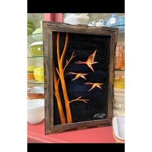 Vintage MCM Black Velvet Glows painting Framed Art Painting Flying Ducks